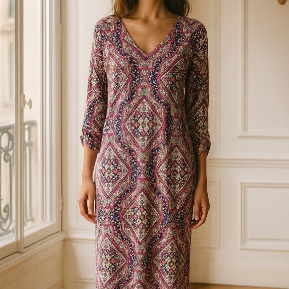 Chico's PInk Blue Multi Color Geometric Floral Stretch Knit Shift Dress 2 - Picture 1 of 9